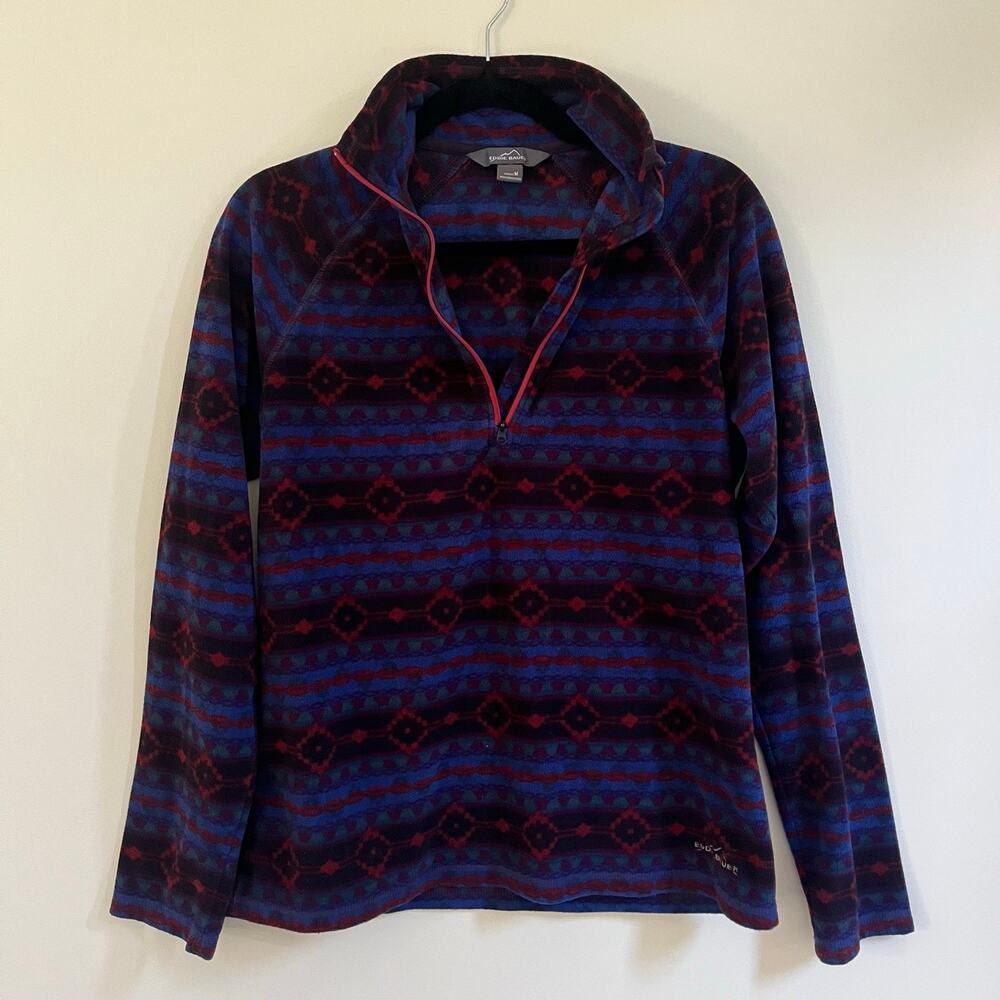 Eddie Bauer Womens Pullover Sweater Fleece 1/4 Zip Aztec Southwestern Blue Red M